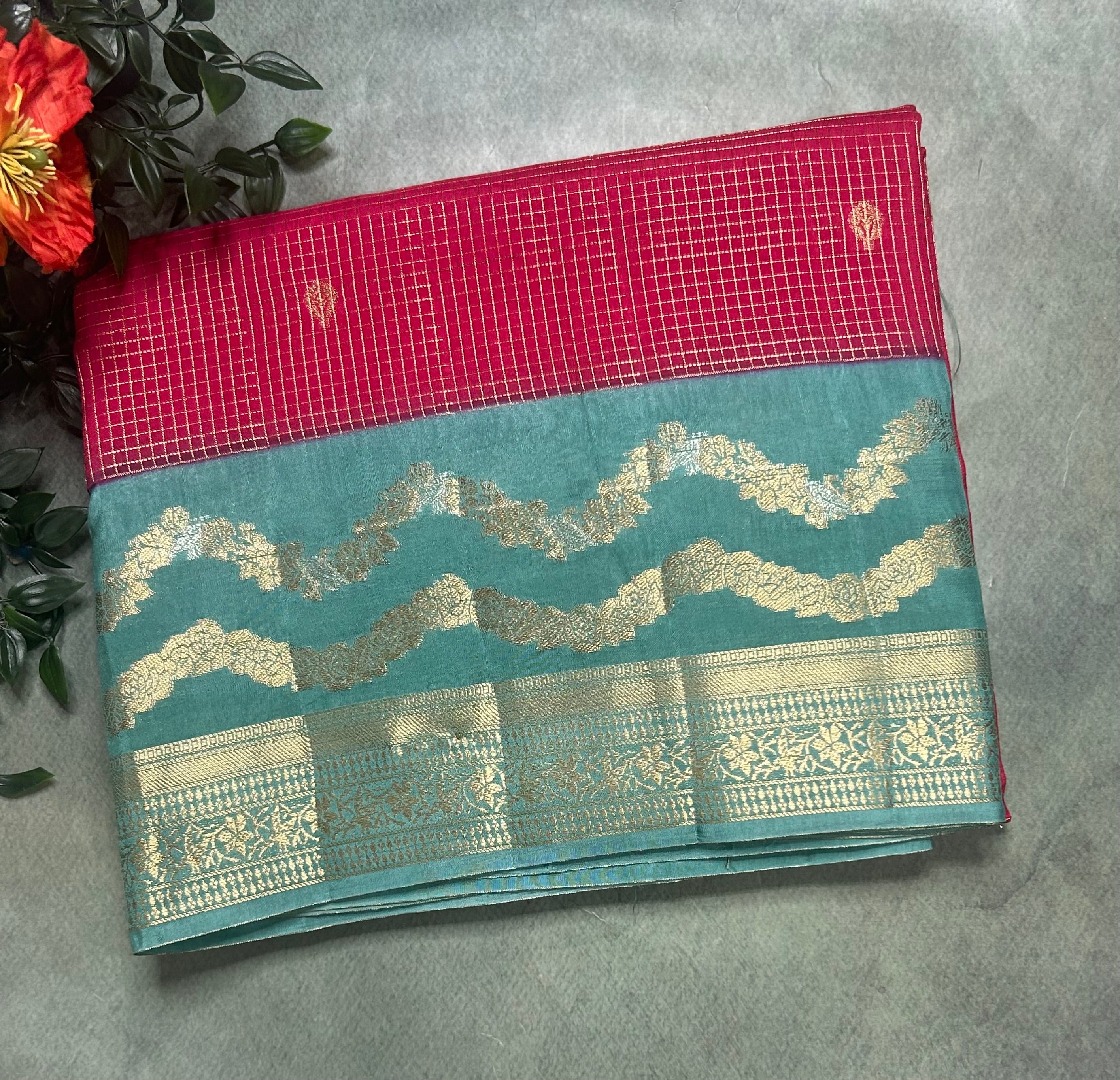 Pink small checks semi Mysore 105 saree