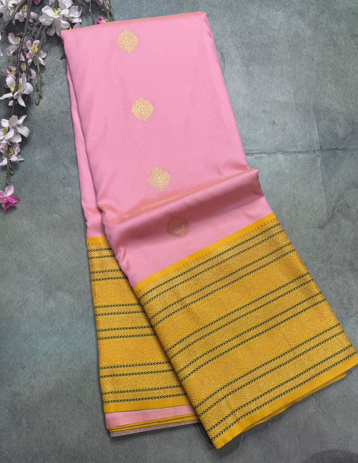 Pastel pink Kanchi Border Semi Soft Silk Saree 110