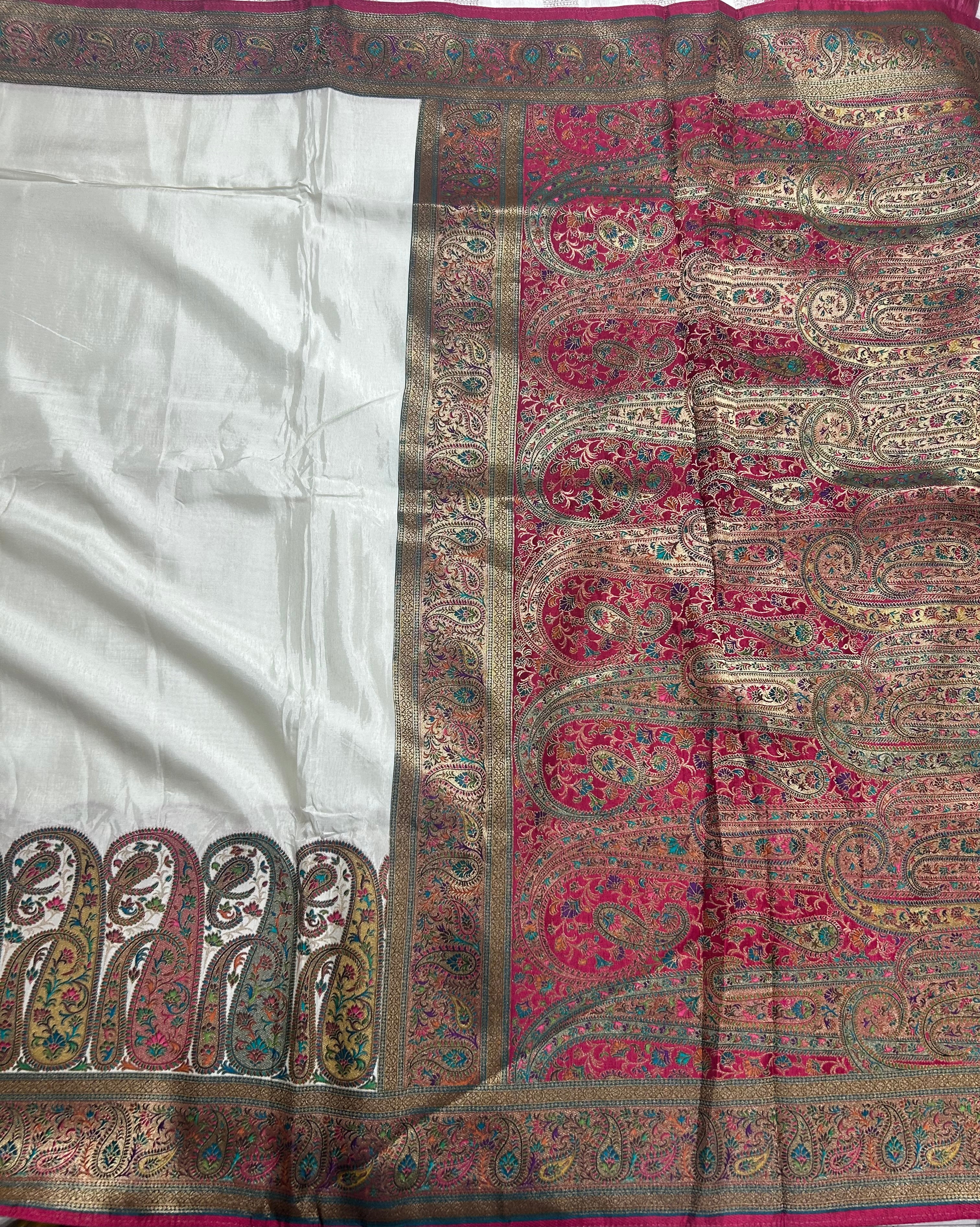 White pashmina satin silk crepe 106 saree