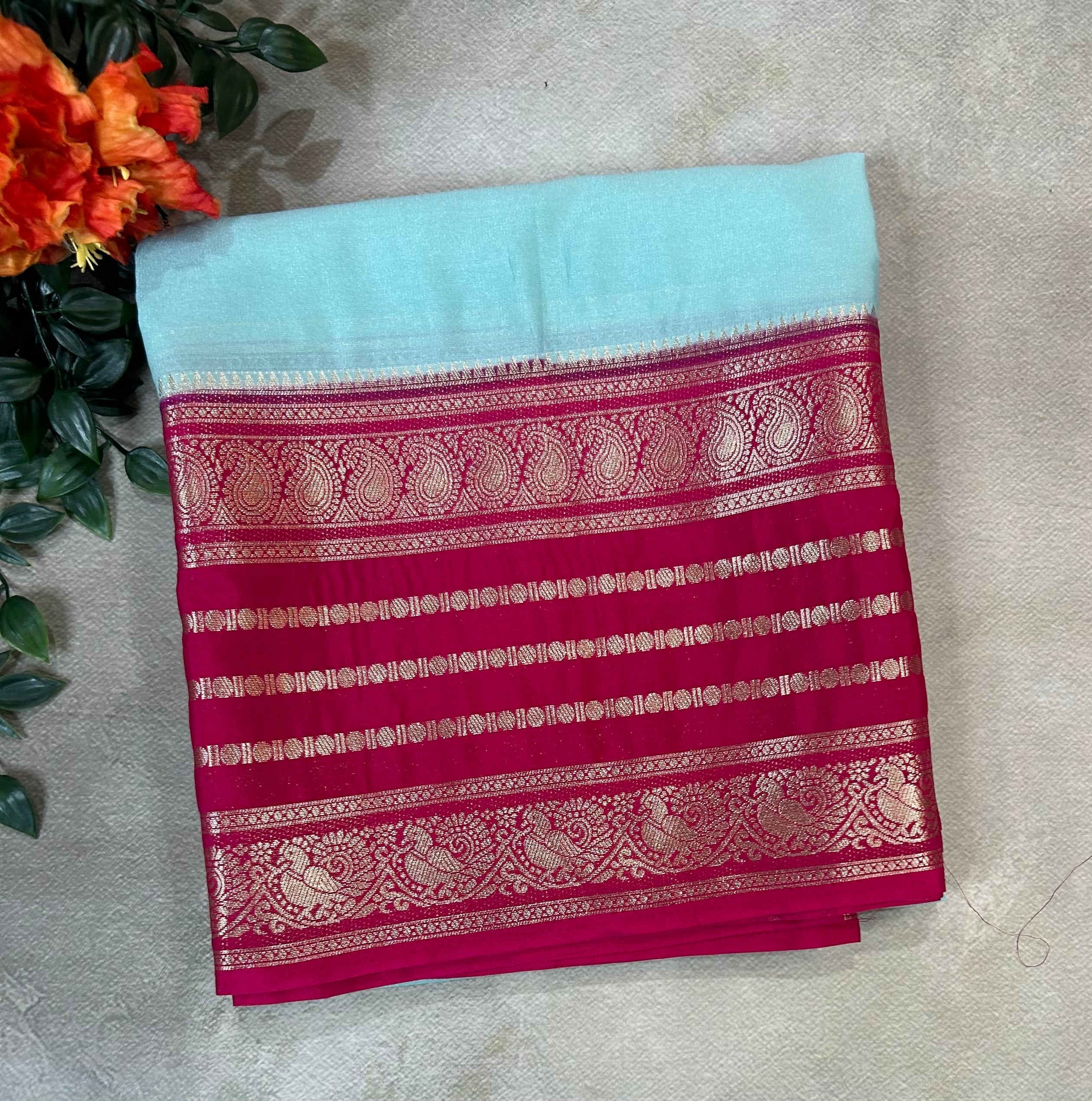 Pastel blue stripes border semi Mysore 104 saree