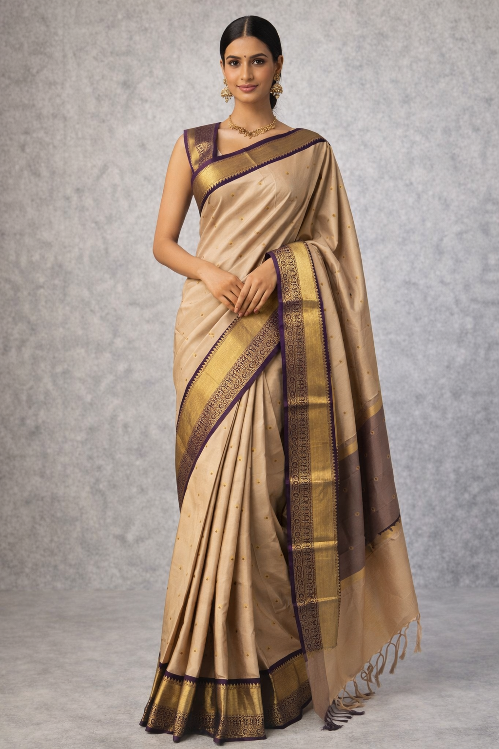 Beige n dark purple small Butta Kanchi-12 saree