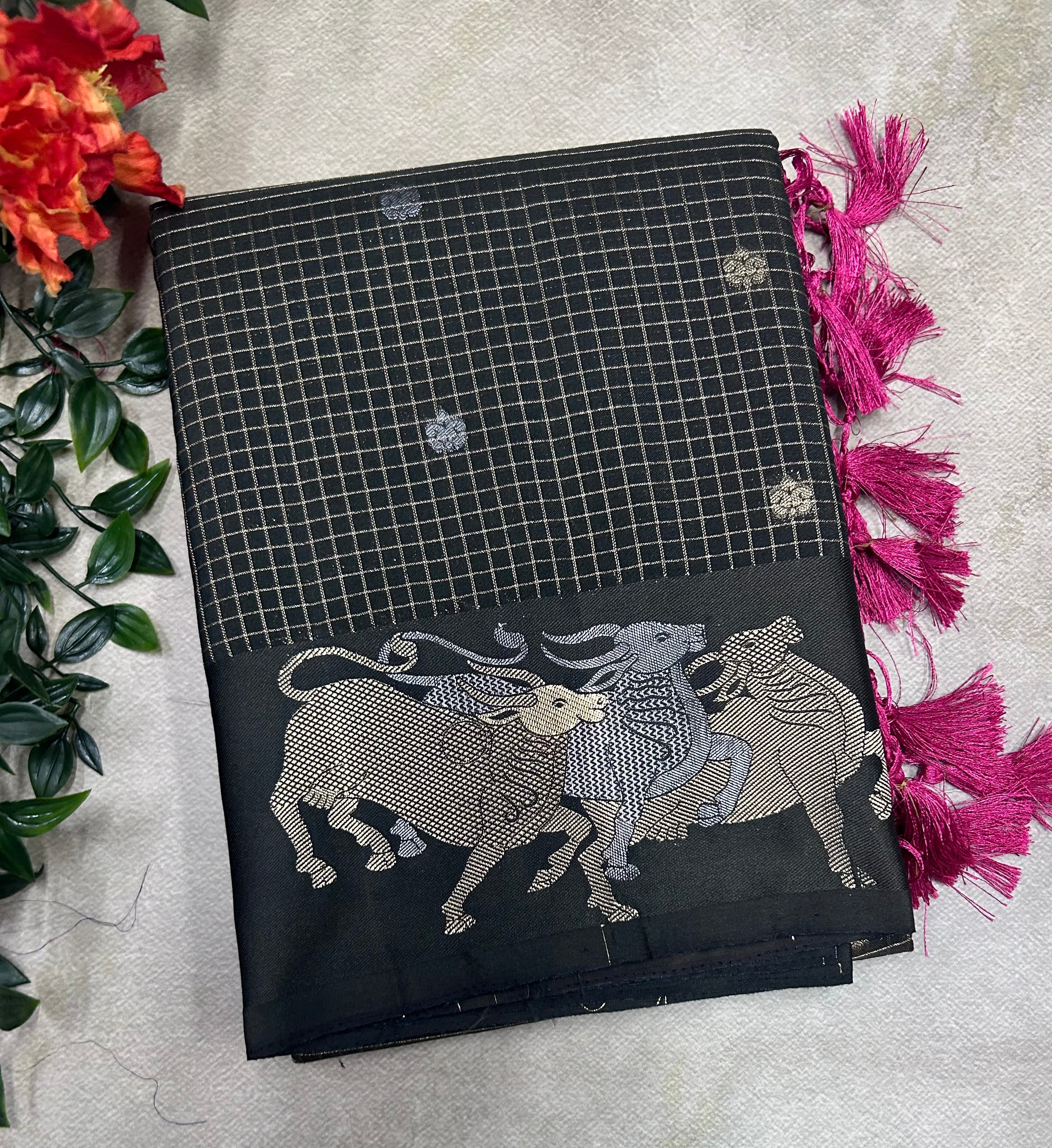 Dark olive green small checks semi Mysore crepe saree(SMC106)