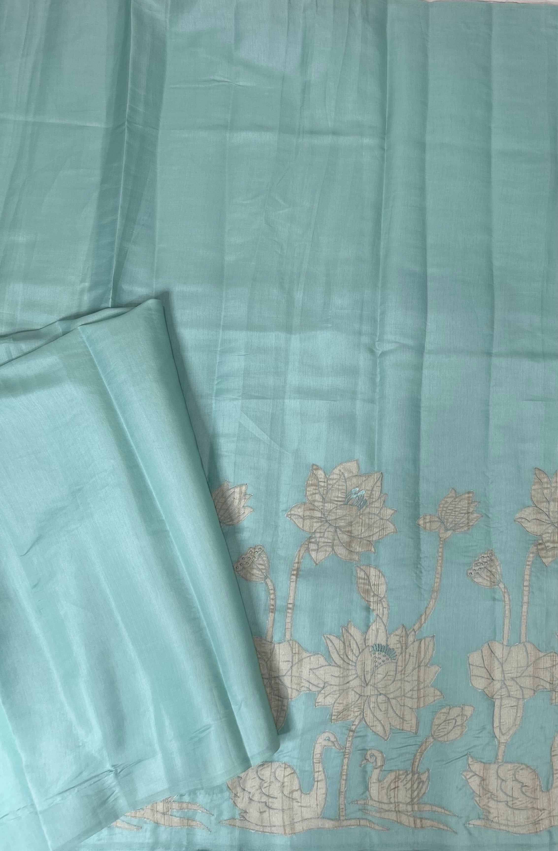 Pastel blue semi Tussar appliqué work-101 saree