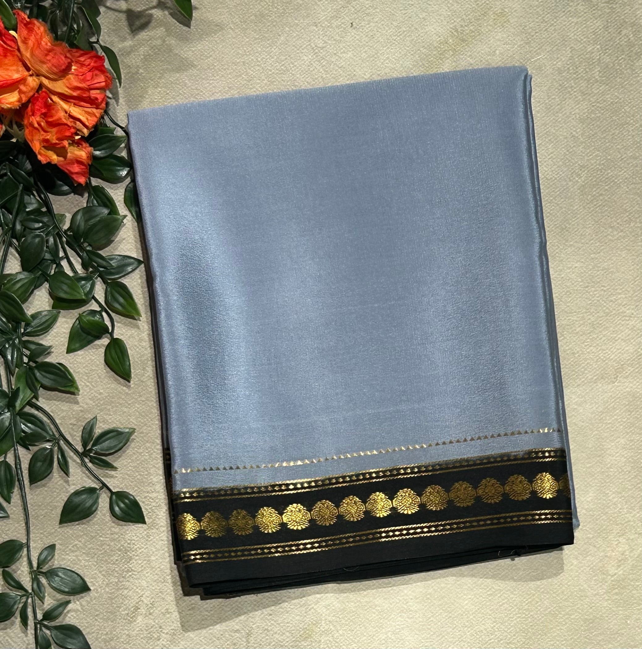 Grey stripes border pure Mysore silk-103 saree