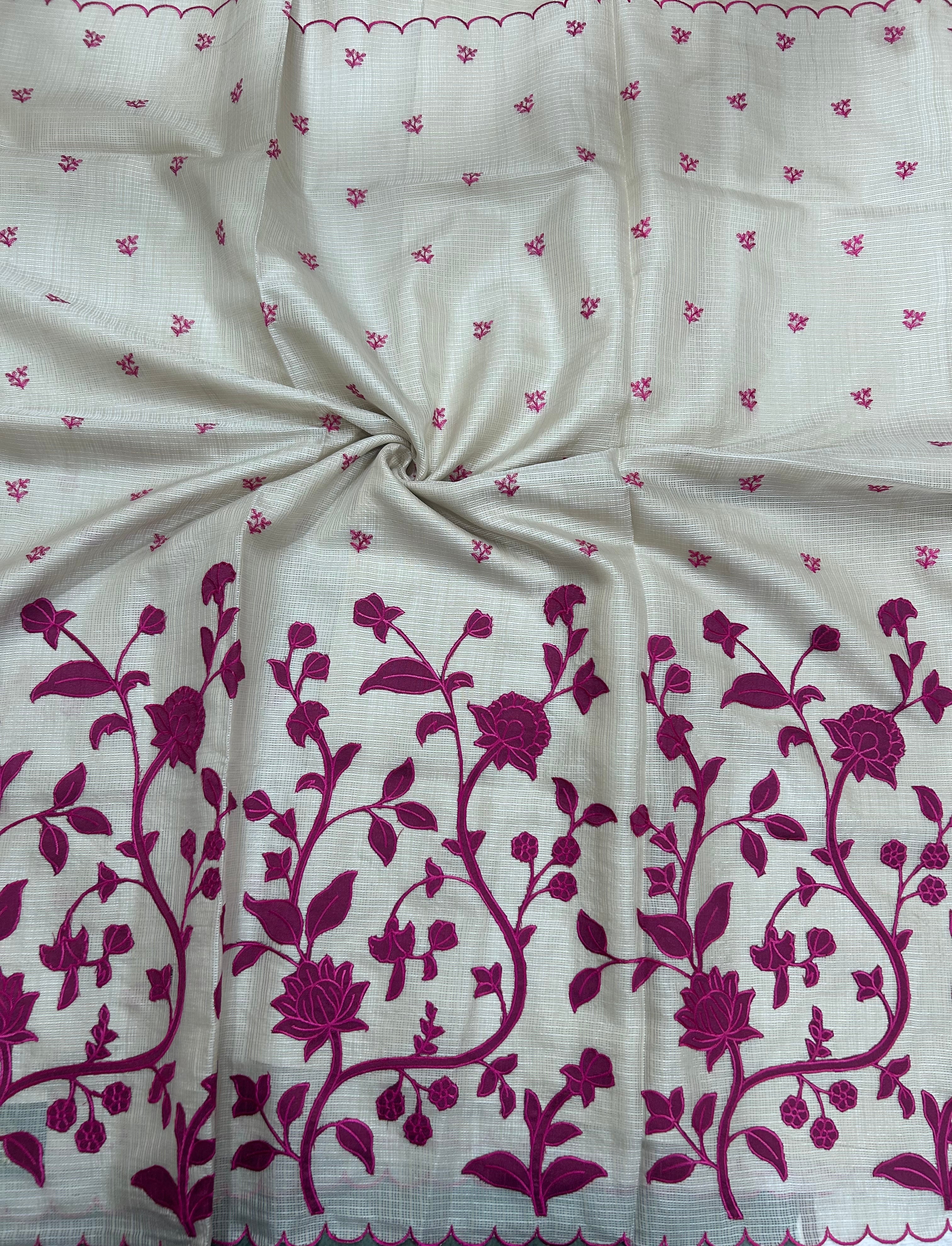 Cream scallop border pink embroidery work Kota check 106 Saree