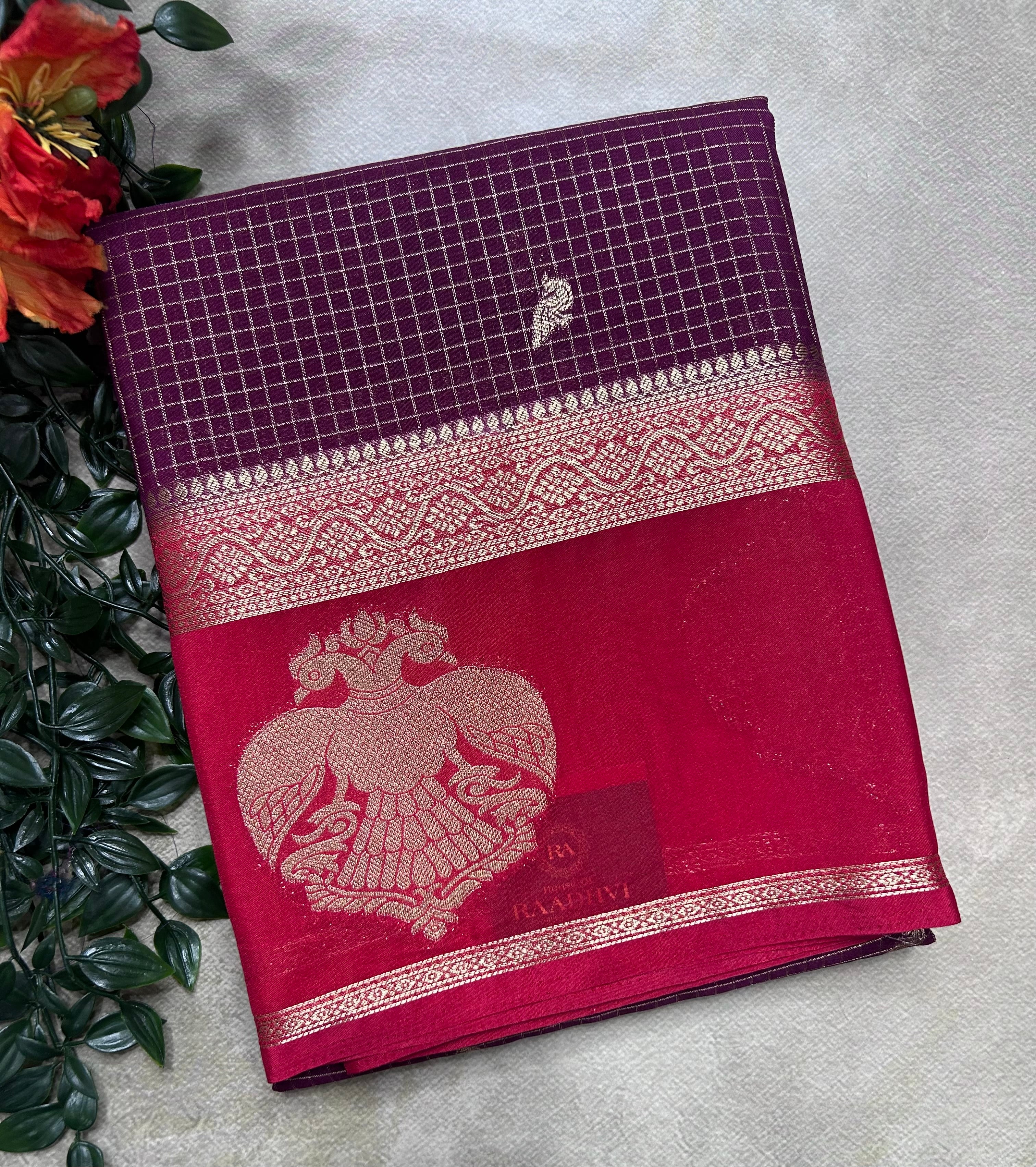 Wine gandaberunda border semi Mysore crepe 106 saree