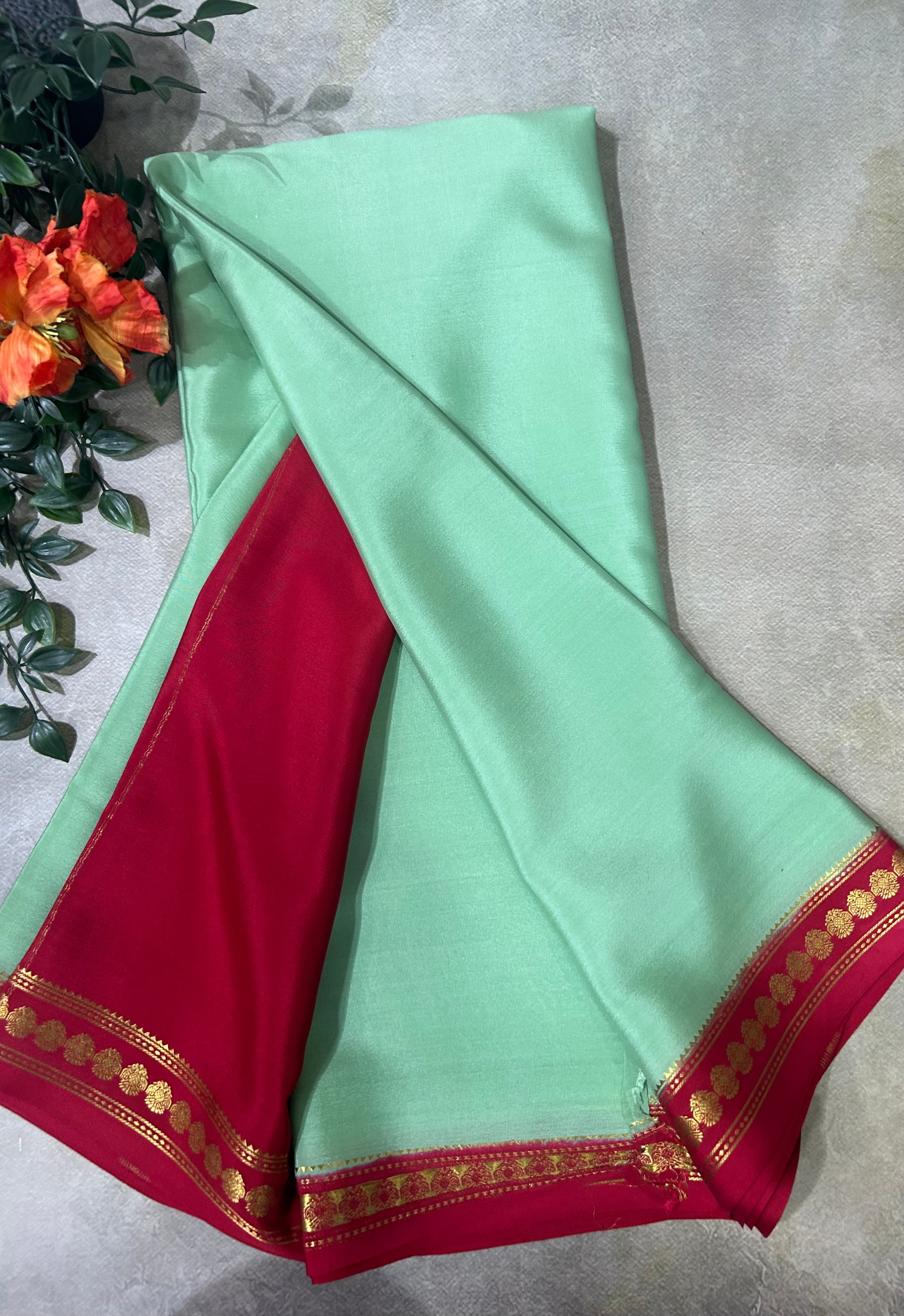 Pastel green small border pure Mysore silk 104 saree