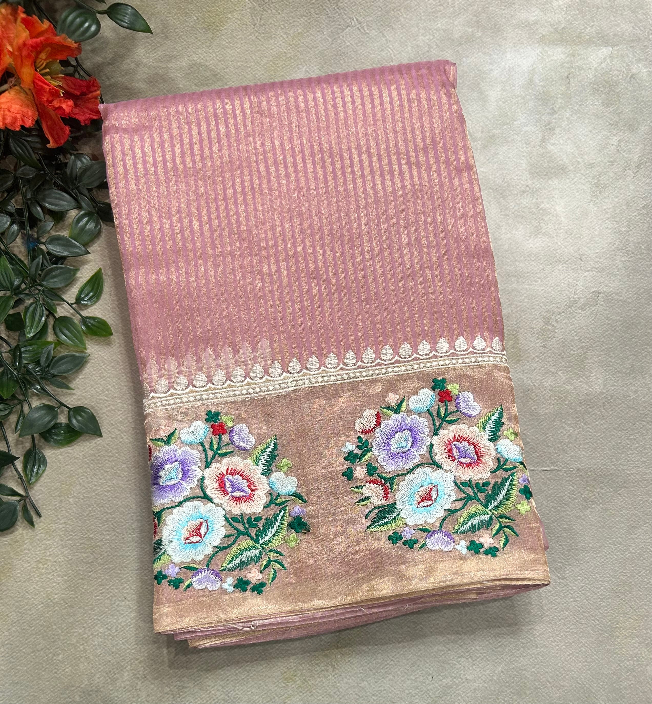 Light pink stripes floral embroidery work pure organza 105 saree