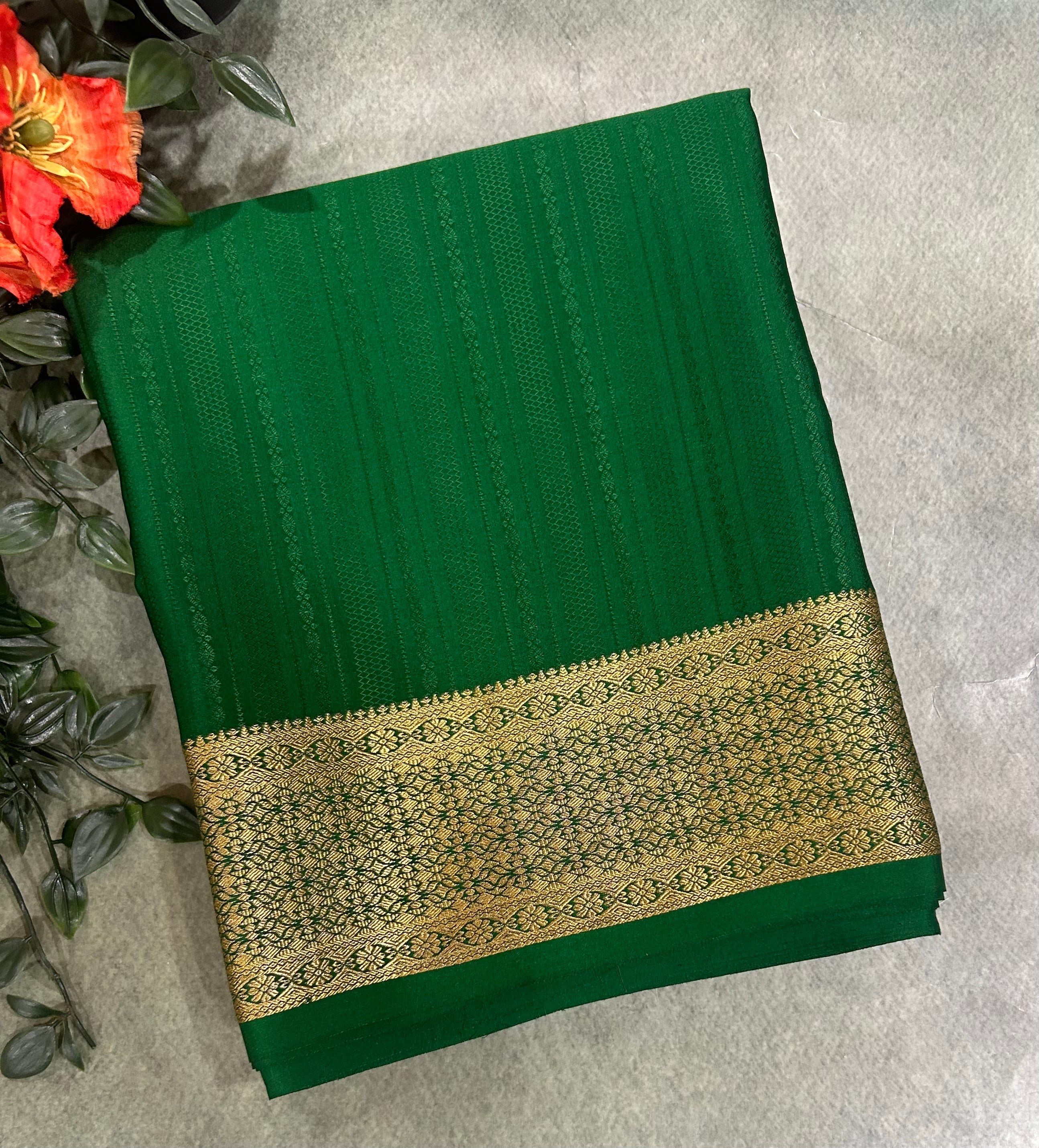 Bottle green long border embossed pure Mysore silk EMS105 saree