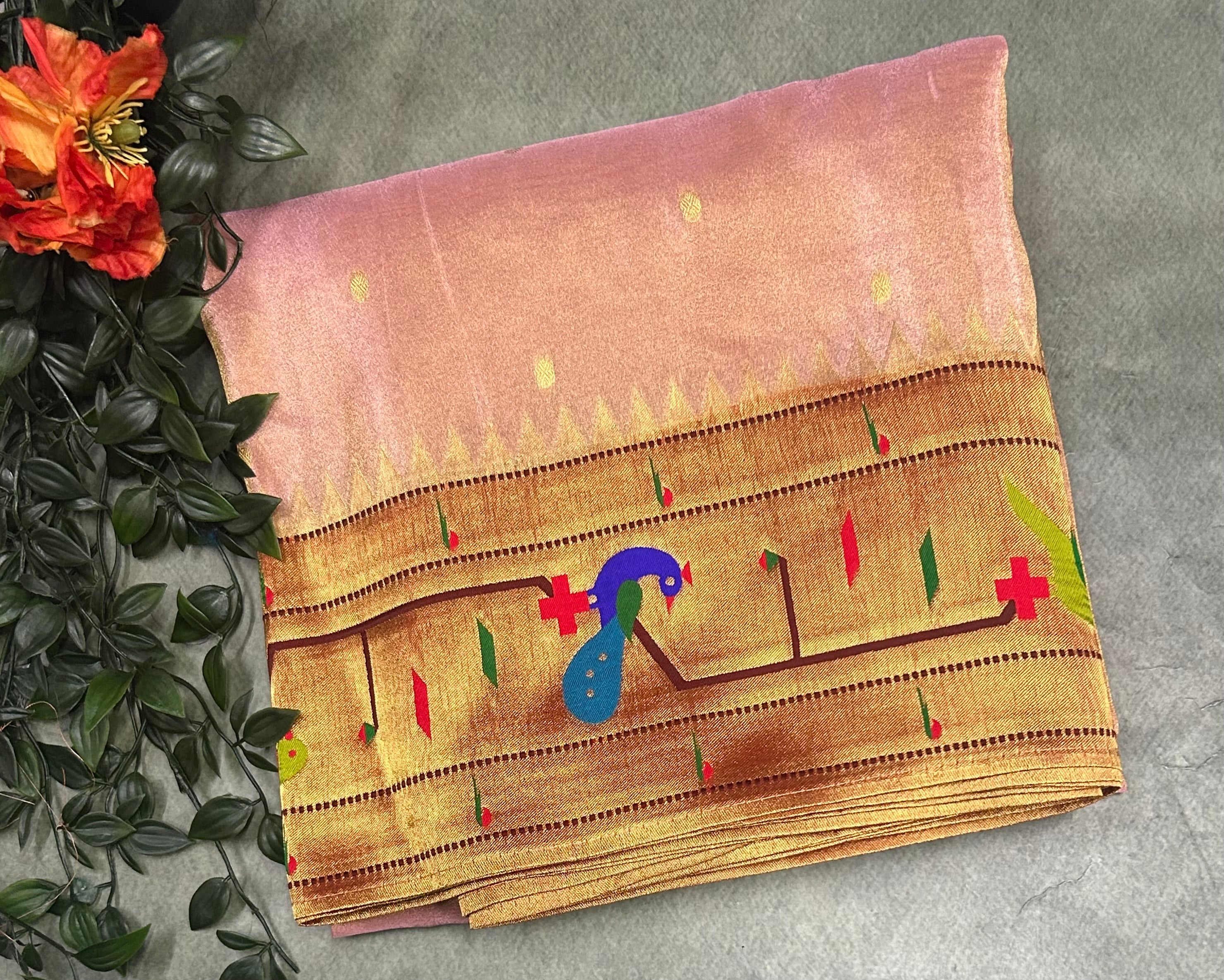 Light pink small butta tissue paithani border saree