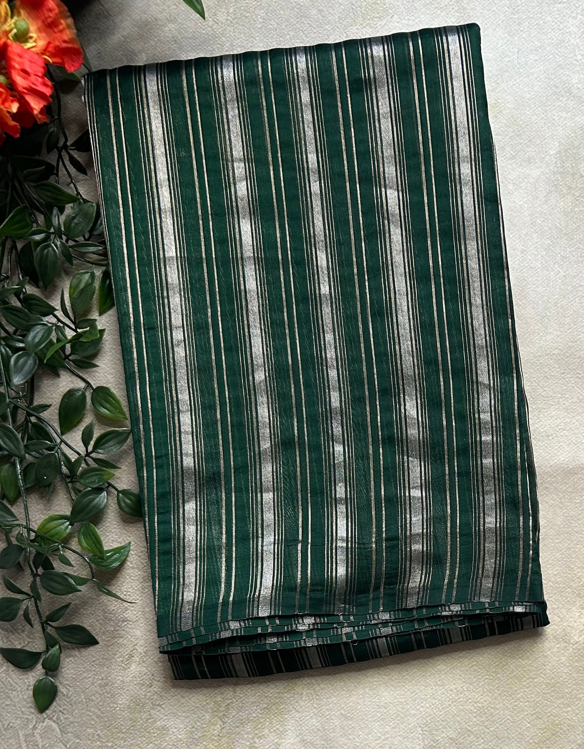 Bottle green stripes pure organza tissue 103 saree
