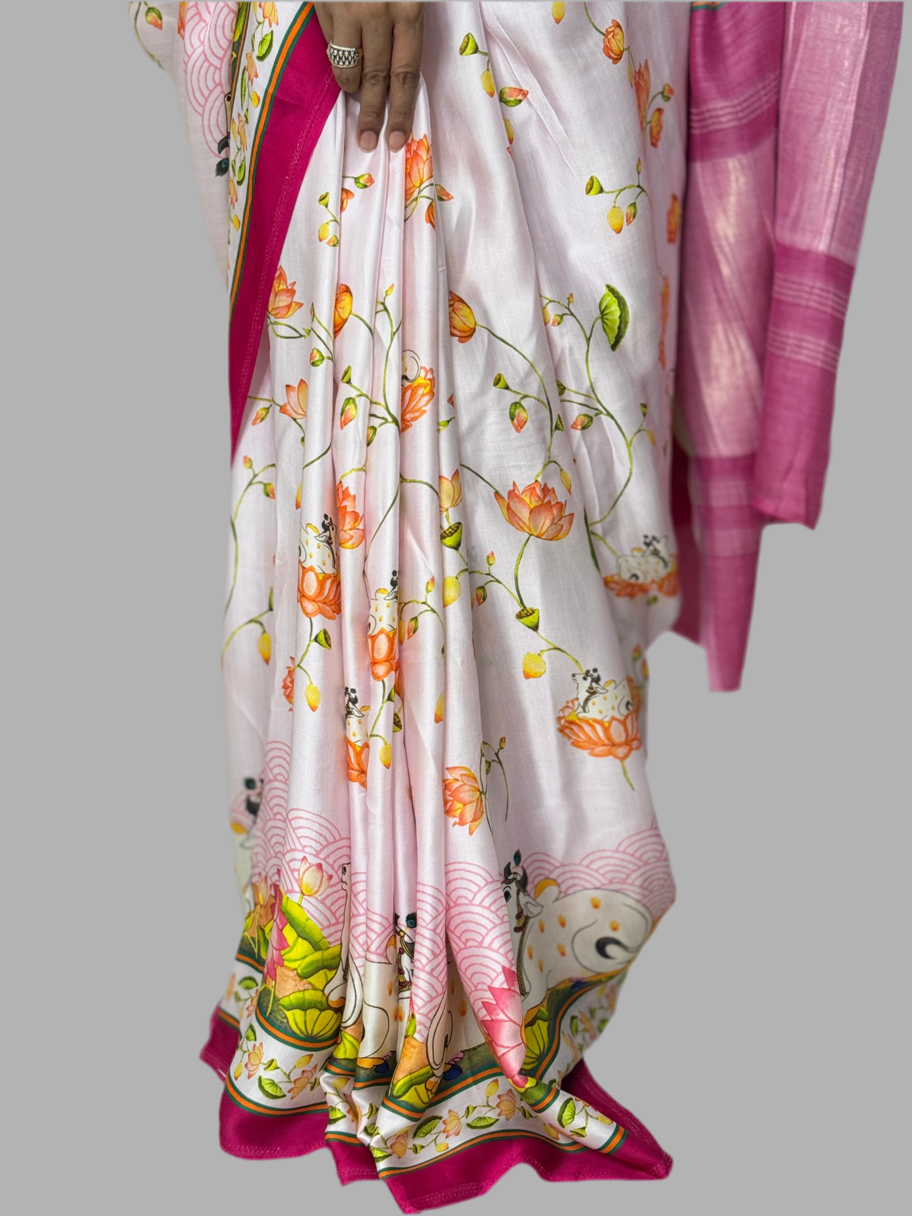 Pink pichwai satin crepe saree