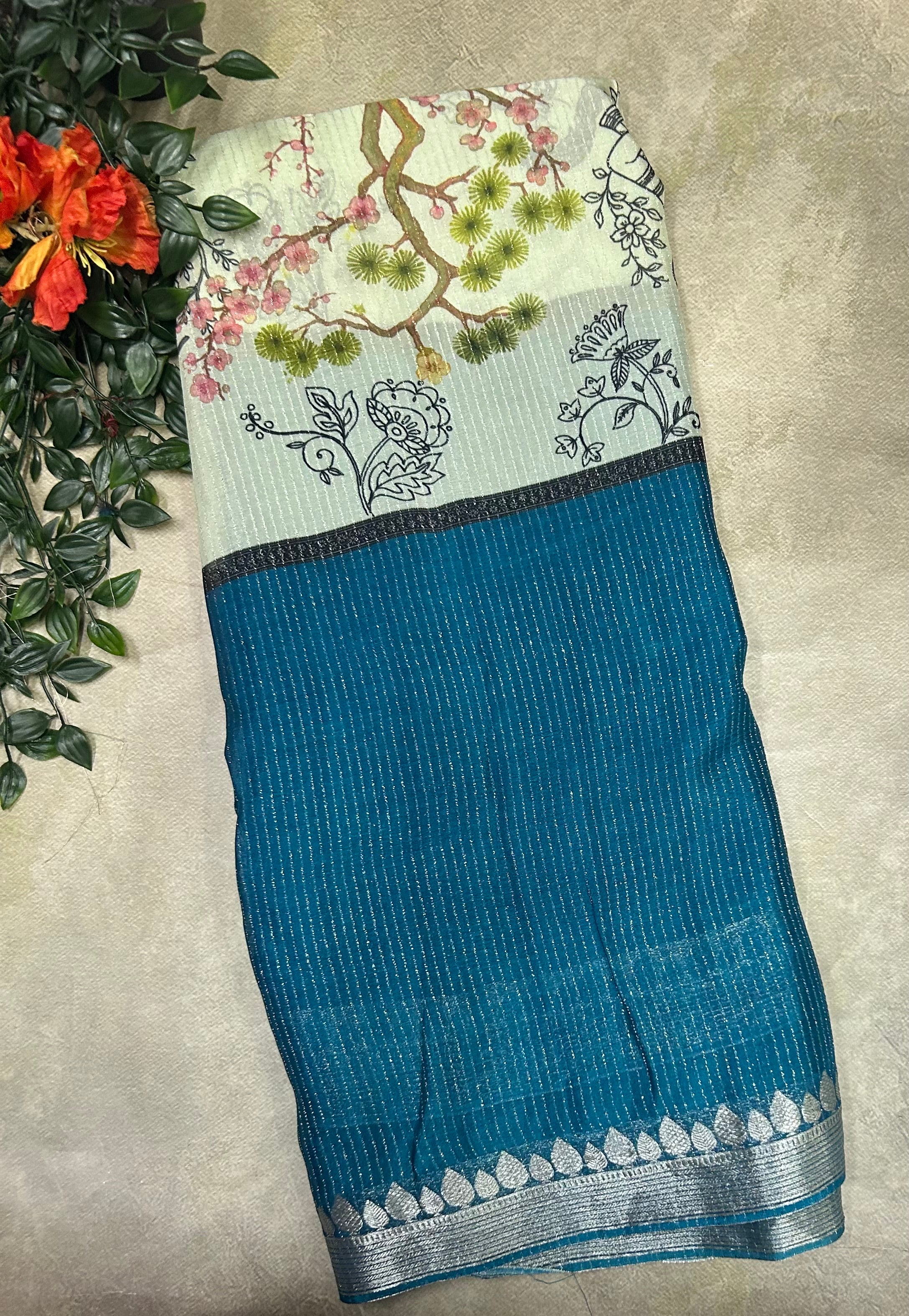Peacock blue digital print viscose saree
