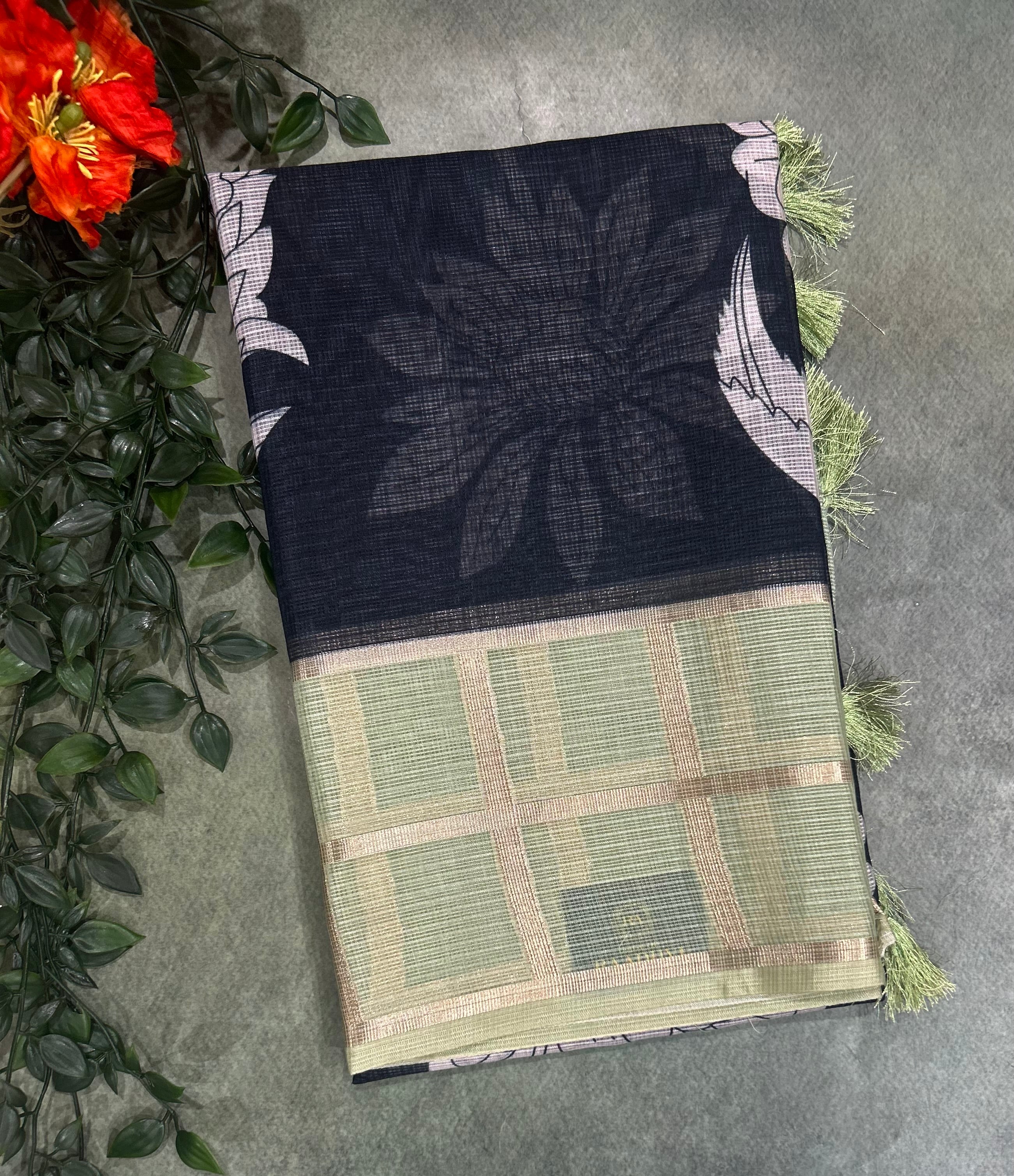 Black n pastel green Kota checks 103 saree