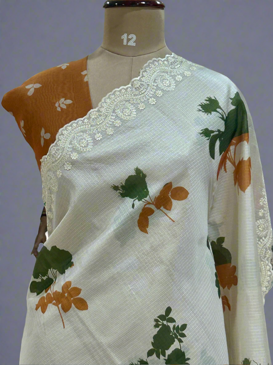 Cream floral digital print Kota checks 08 saree