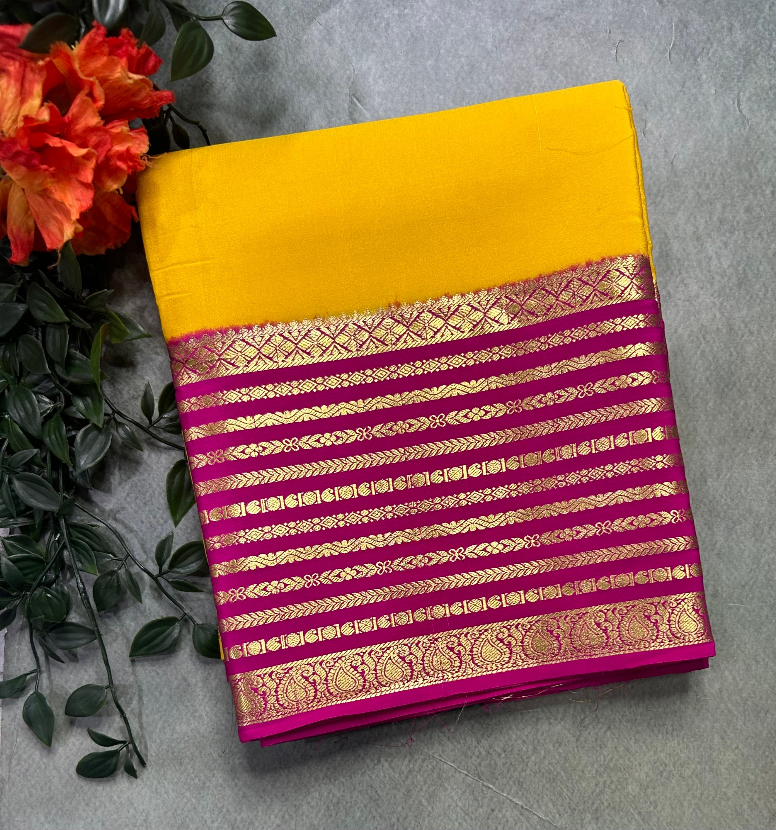 Yellow stripes pure Mysore crepe silk saree