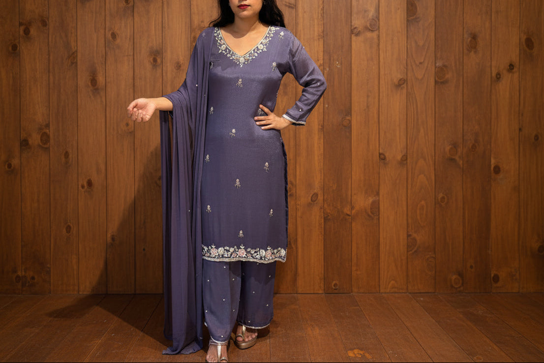 "Boomi" Dark Lavender Designer Hand Embroidery Sharara party Kurtha set