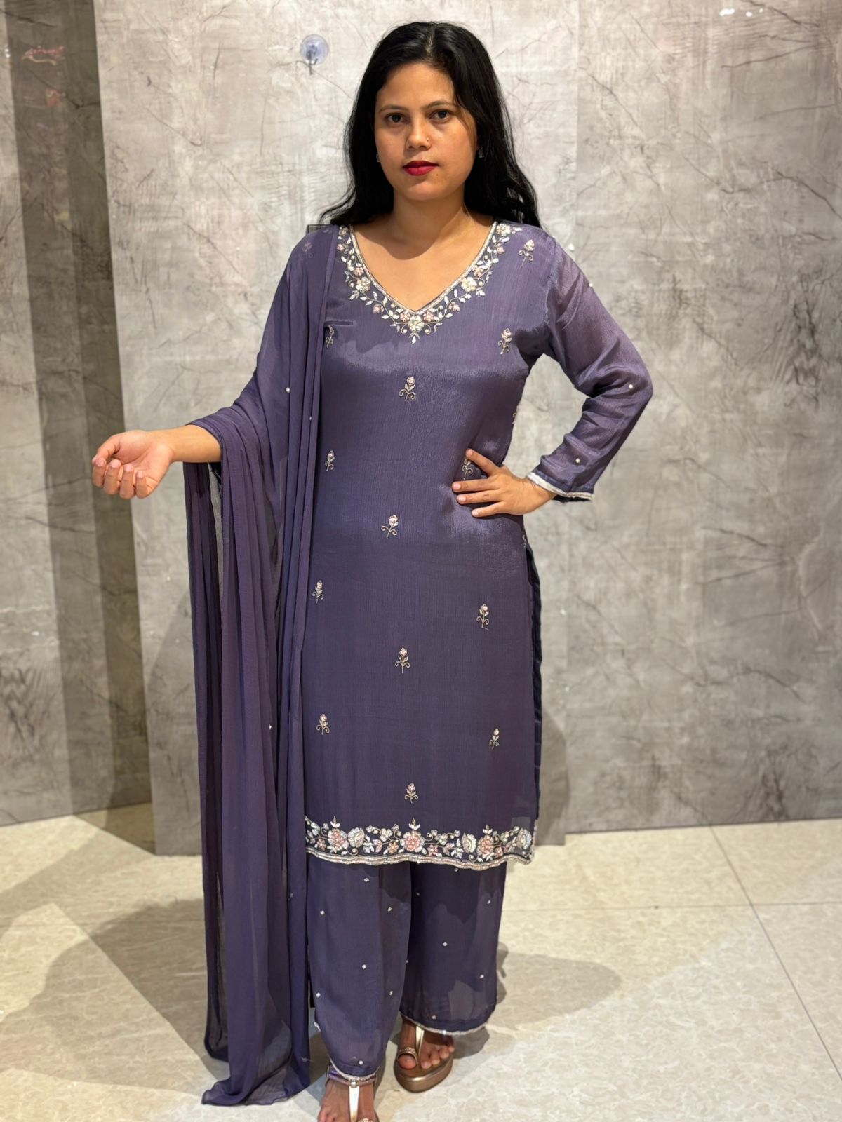 "Boomi" Dark Lavender Designer Hand Embroidery Sharara party Kurtha set