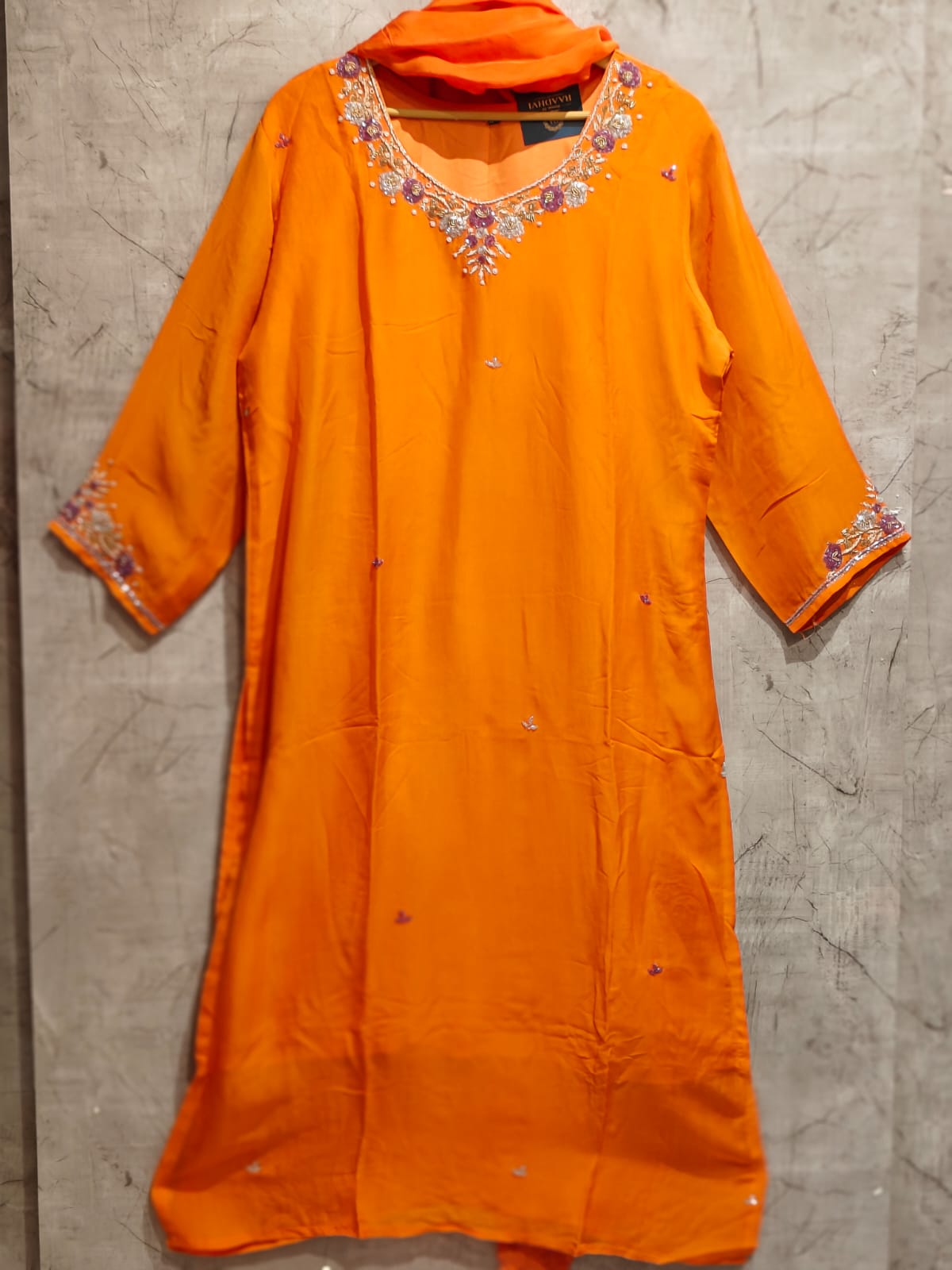 Orange Organza Designer Handwork  Kurtha set