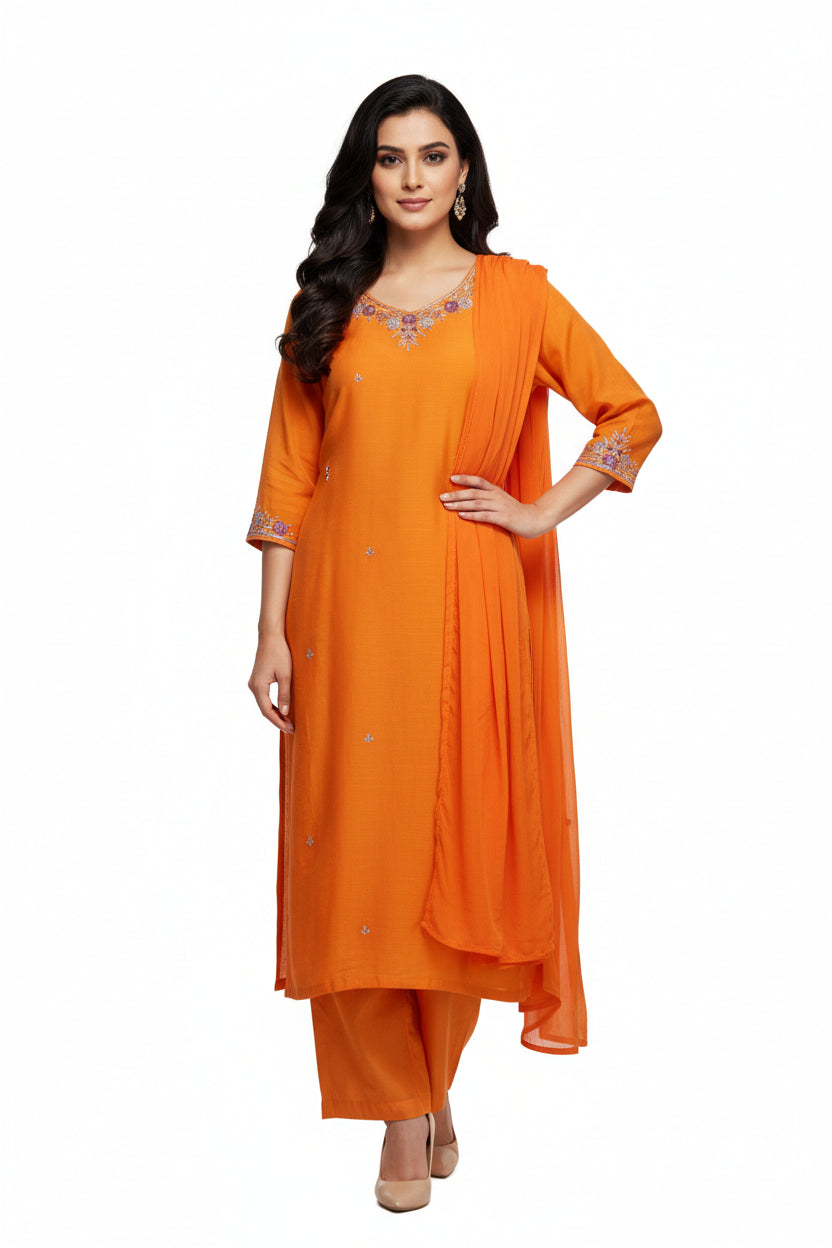 Orange Organza Designer Handwork  Kurtha set