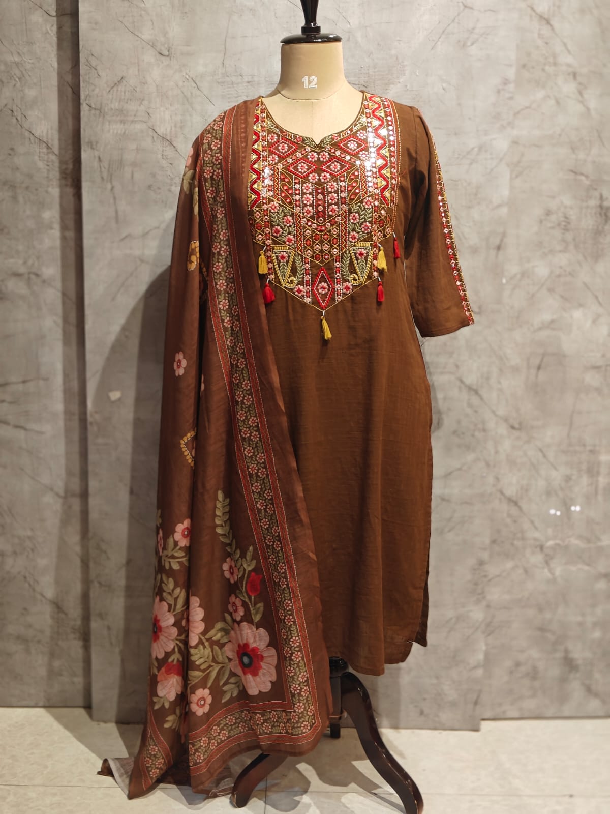 Brown Cotton Thread Embroidery Straight Fit Kurtha
