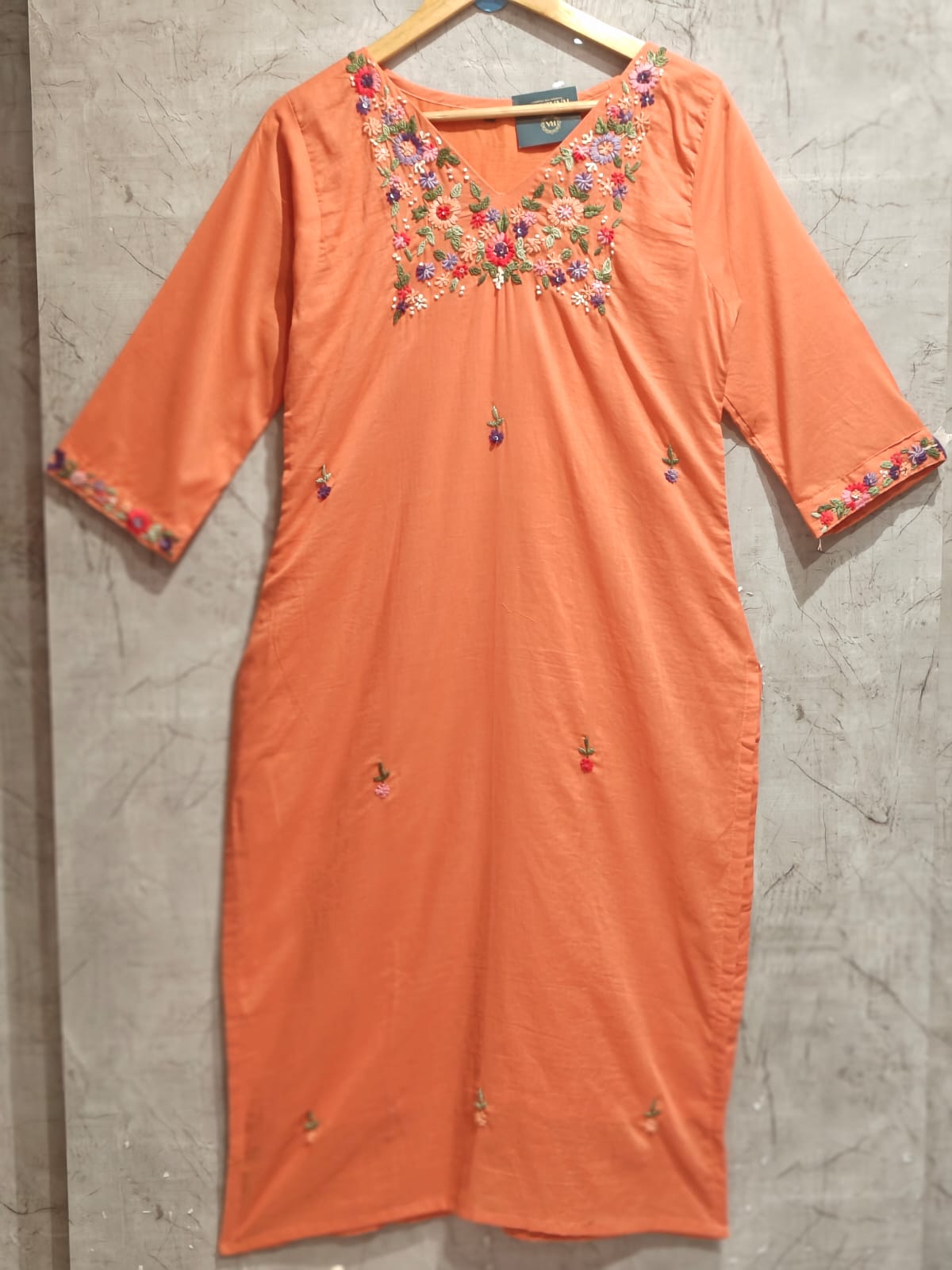 Orange Cotton Hand Embroidery Straight Fit Kurtha 212