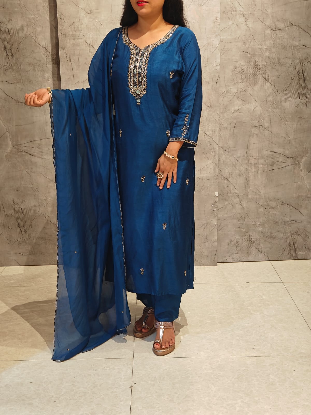 Royal Blue Dola Silk Hand Embroidery Straight Fit  kurtha 543