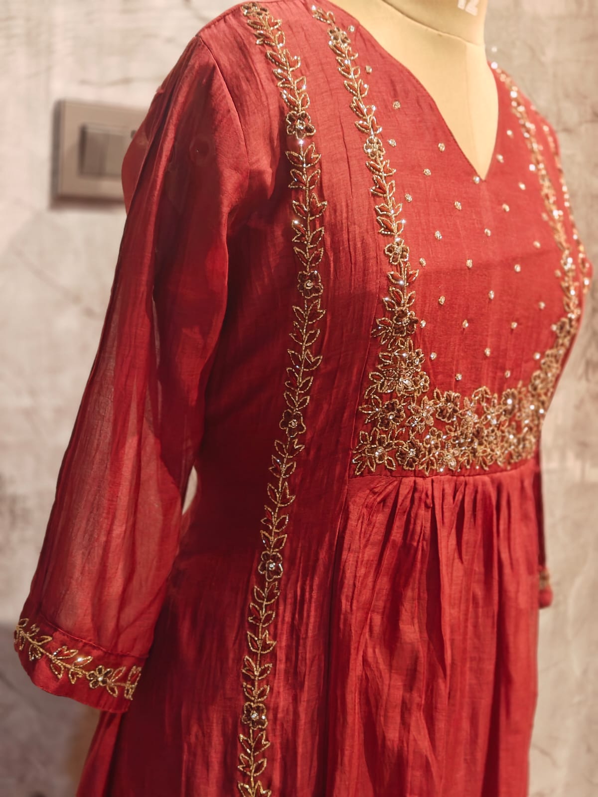 “Pani" Brown Mul Chanderi silk Kurtha suit with work hand embroidery 898