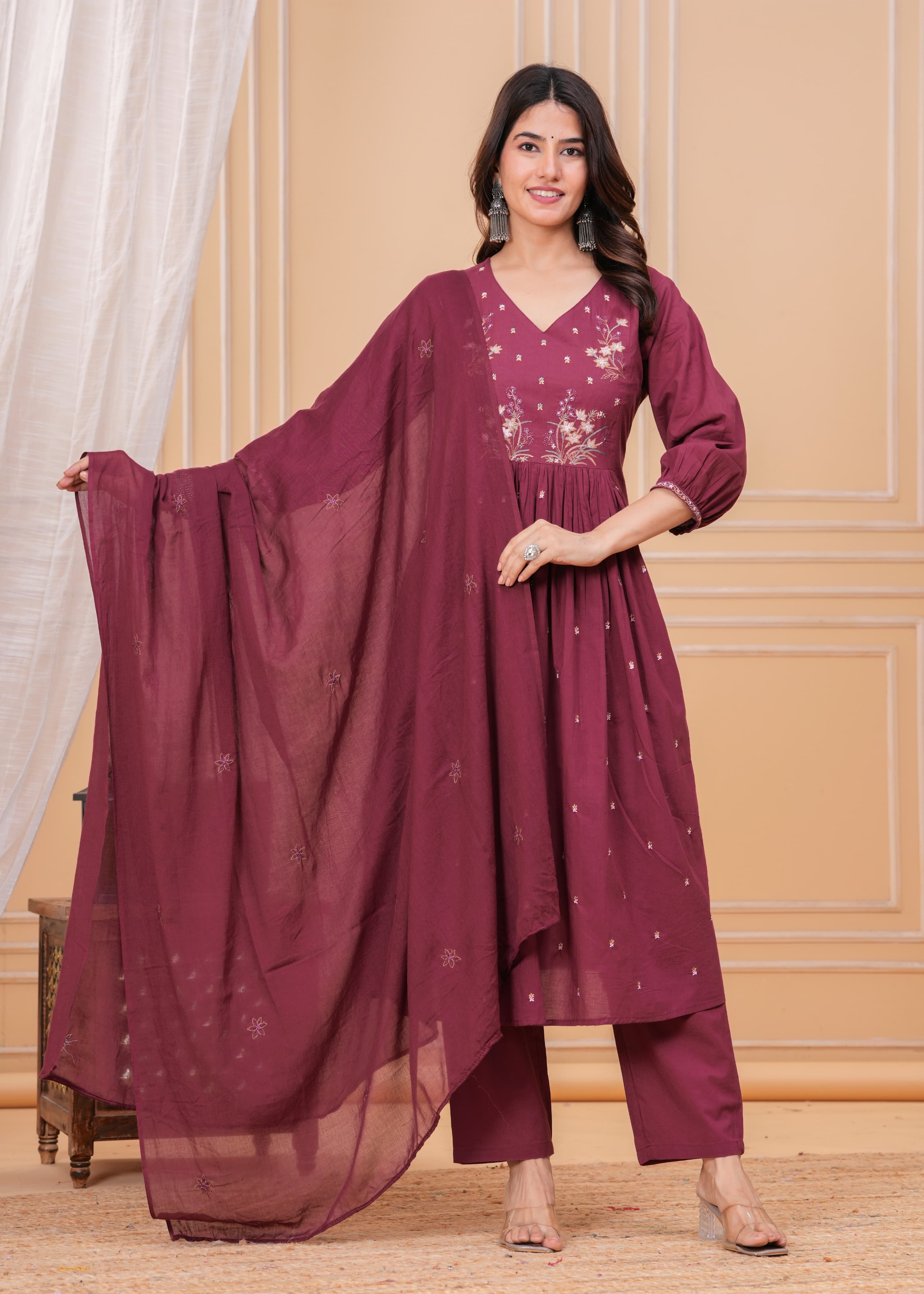 "Naya" Marron Cotton Thread work Kurtha set 987