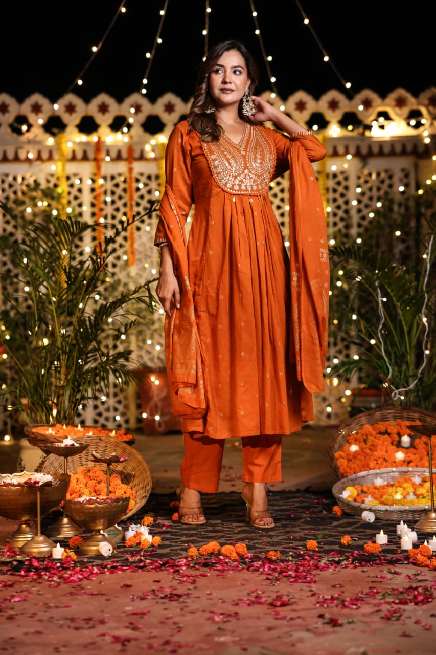 Orange Cotton Hand Embroidery Airline Kurtha 677
