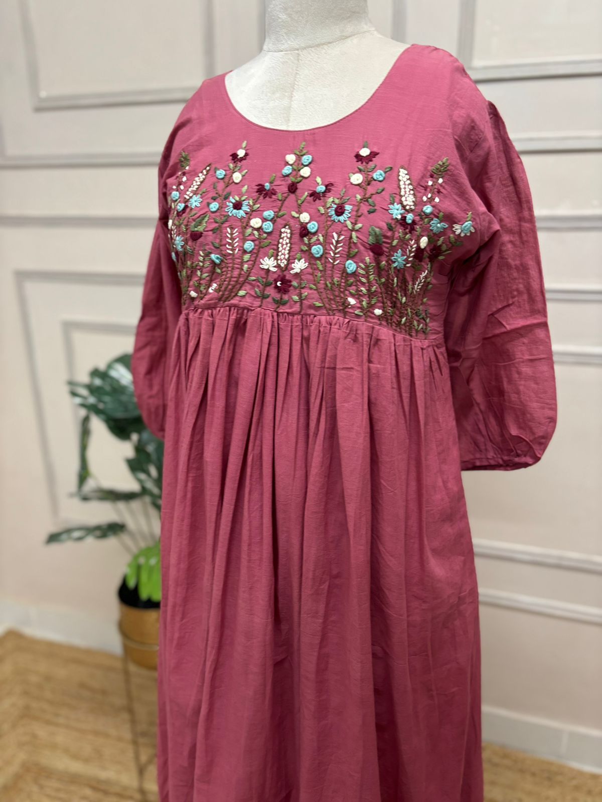 Onion Pink Mul Chandheri Thread Embroidery Frocks Kurtha 372