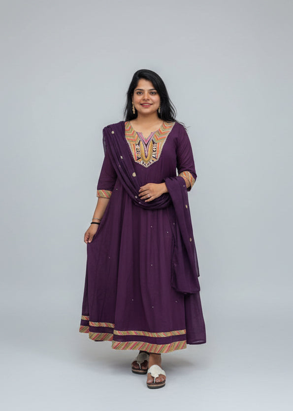 Purple Mul Cotton Block Print Anarkali Kurtha 837