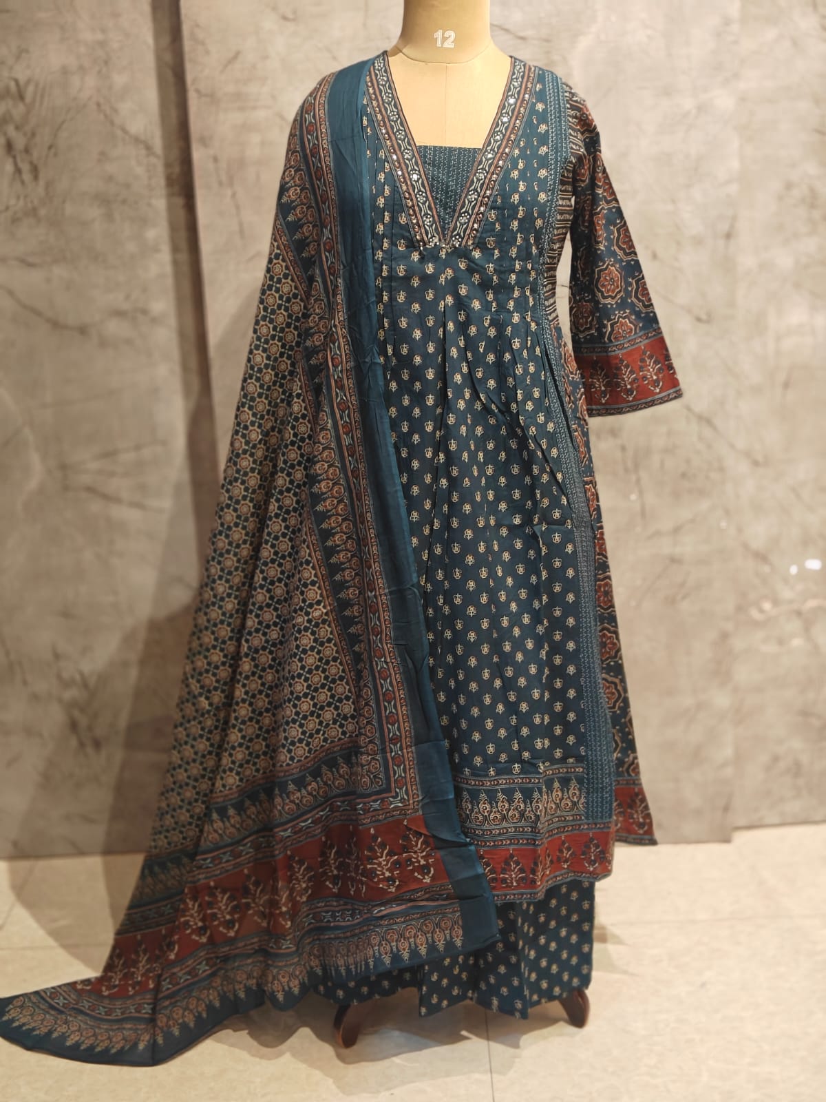 Peacock Blue Cotton Anarkali Block Print Kurtha 41