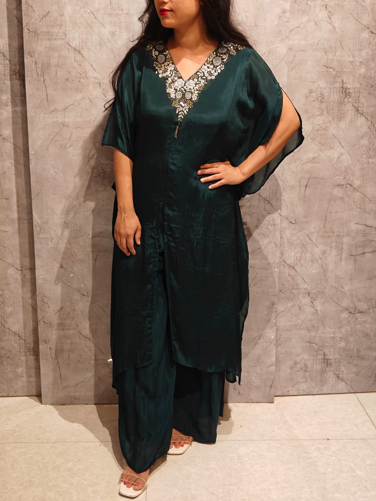 “Kafthan"Bottle Green Kafthan handwork party ware Kurtha set