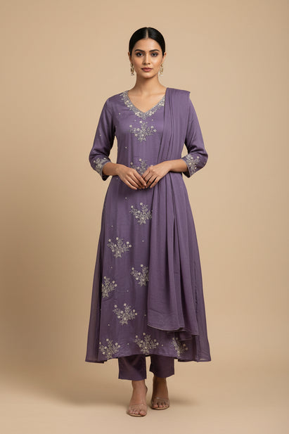 Lawender Anarkali chinnon handwork party ware Kurtha 567