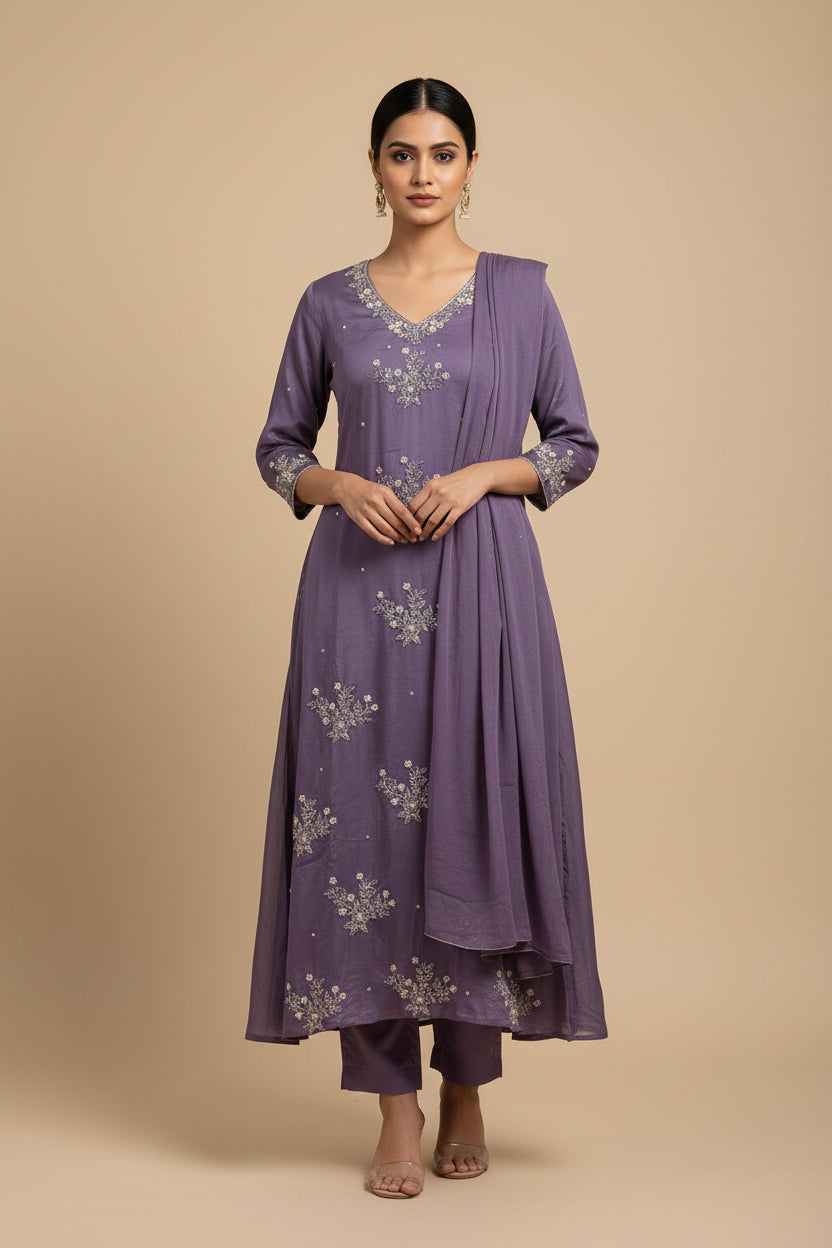Lawender Anarkali chinnon handwork party ware Kurtha 567