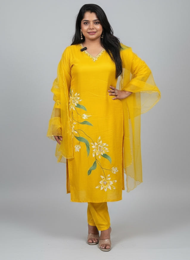Yellow Dola Hand Painted Straight Fit Kurtha 431