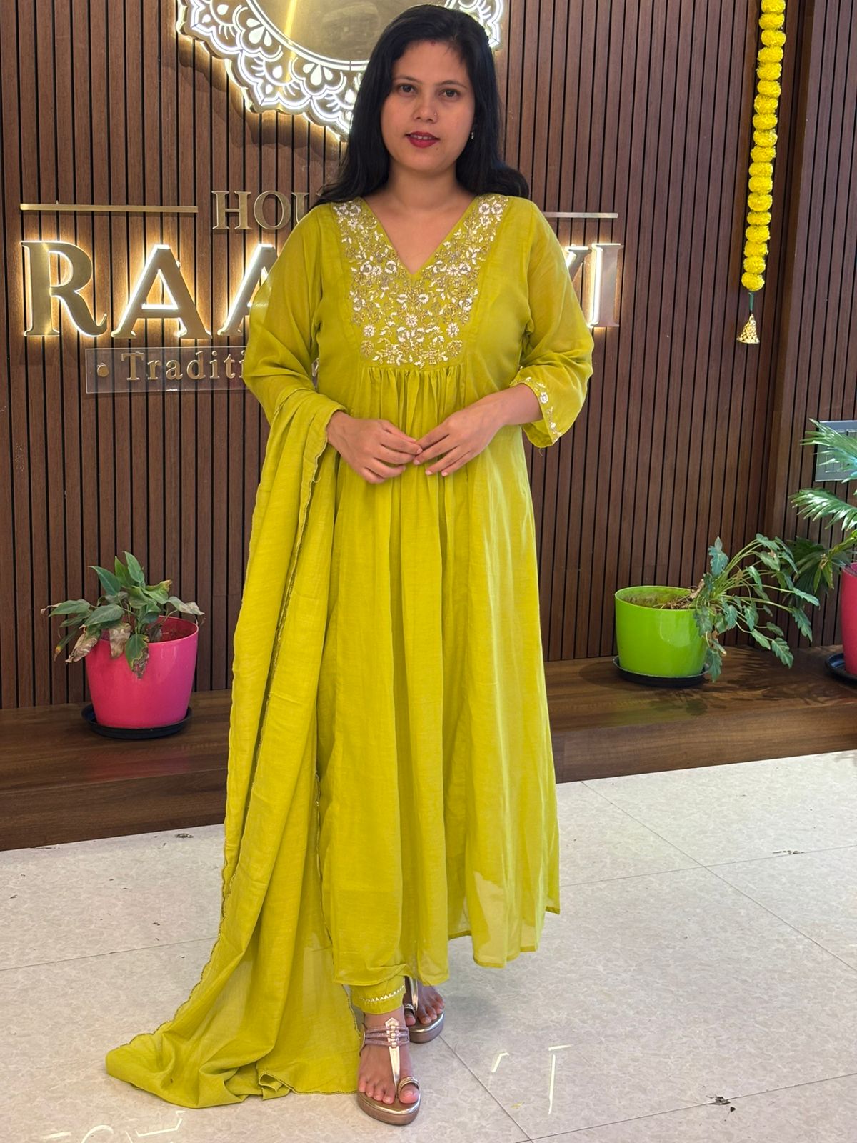 Green Mul Chanderi  Silk Anarkali Handwork Kurtha Set