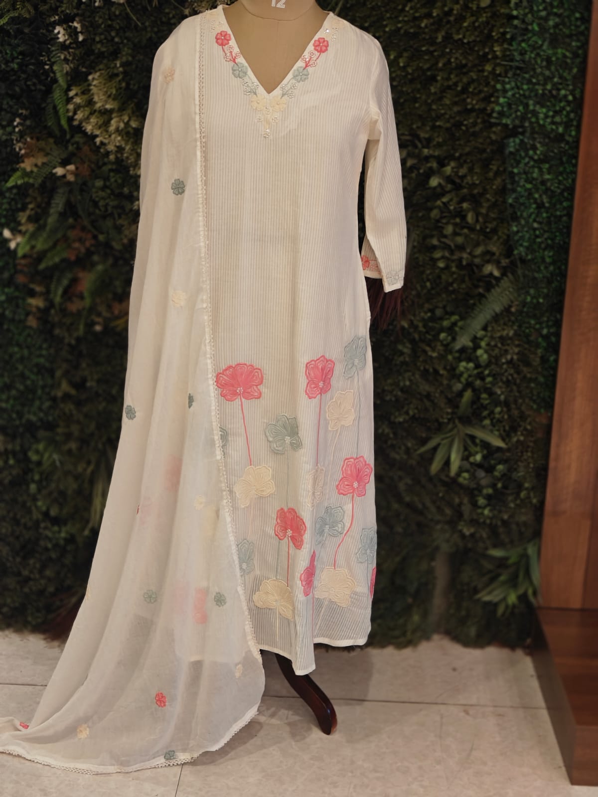 Cream Mul Cotton Hand Embroidery Airline Kurtha 203