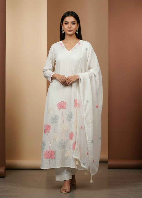 Cream Mul Cotton Hand Embroidery Airline Kurtha 203