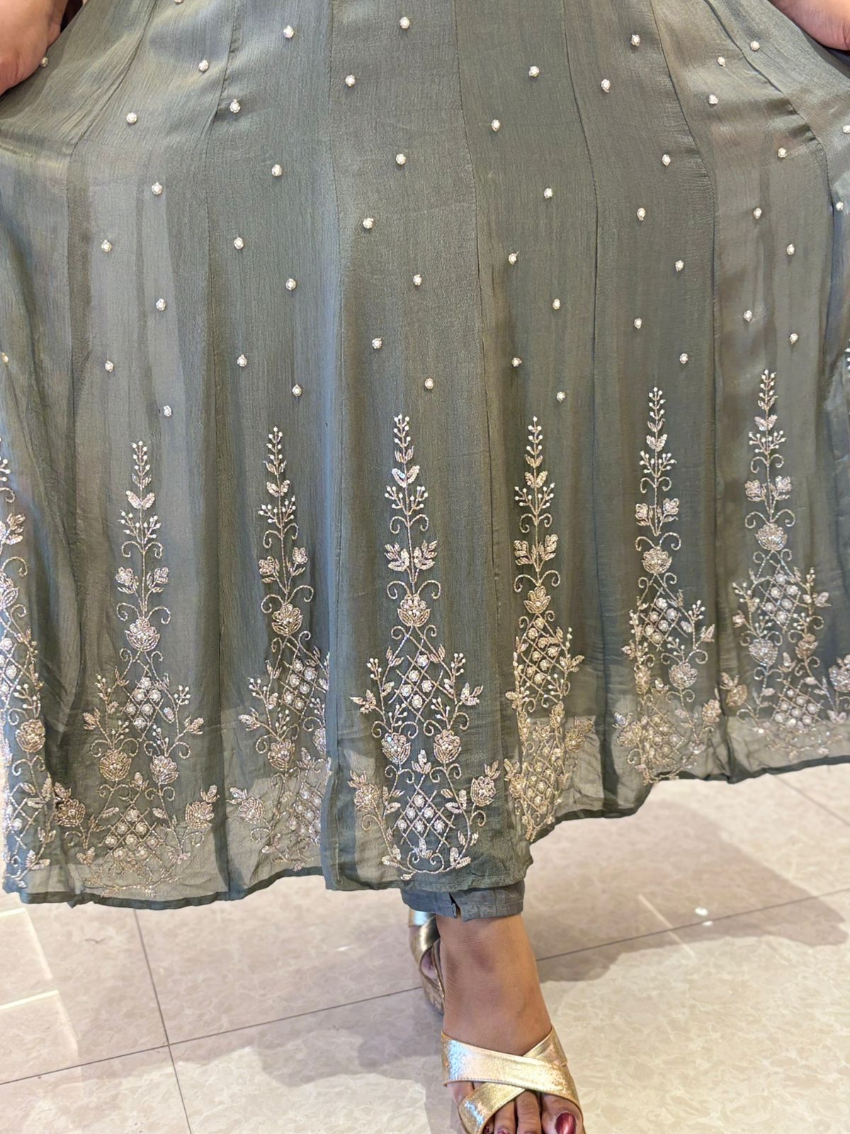 Grey Anarkali Chinnon Hand Embroidery Kurtha 567