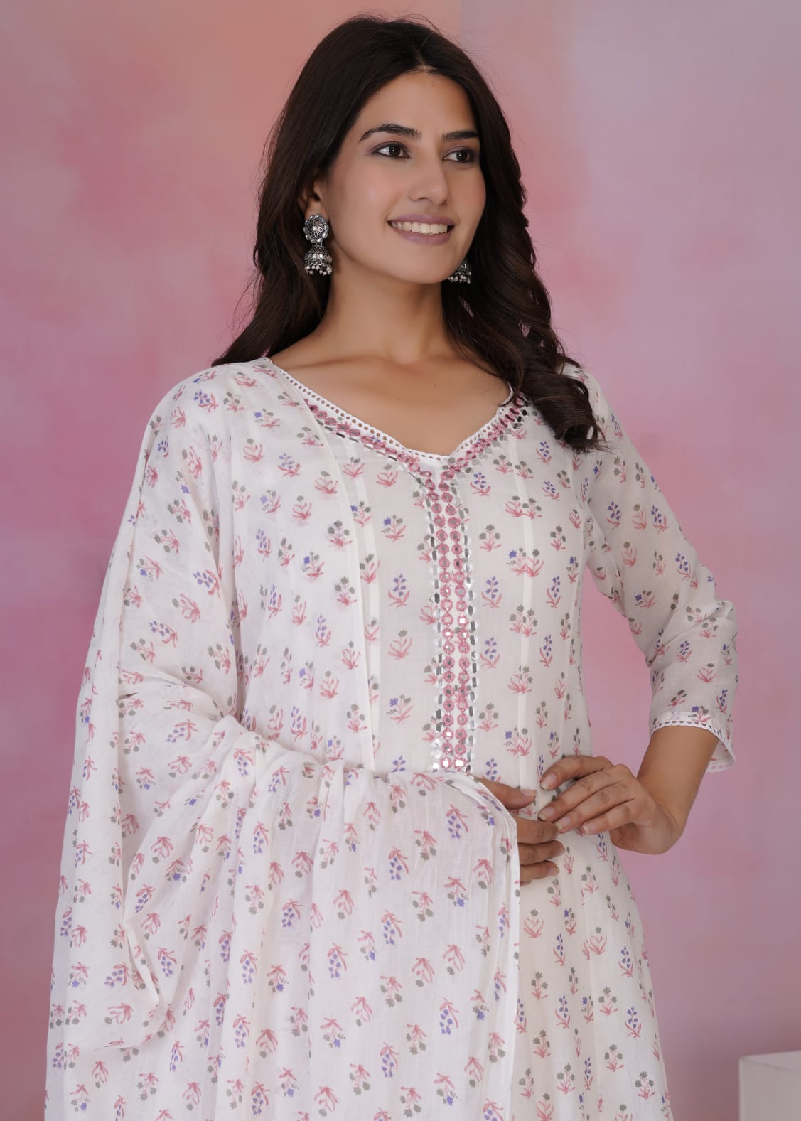 “Jhoda” White and Pink Mul cotton with hand work kurtha 432 Anarkali suit with dupatta