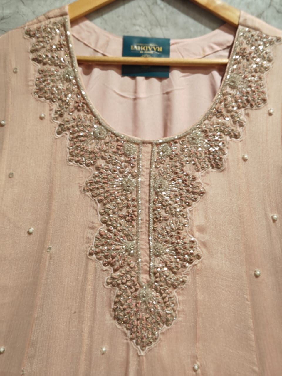 Baby Pink Anarkali Chinnon Hand Embroidery Kurtha 567