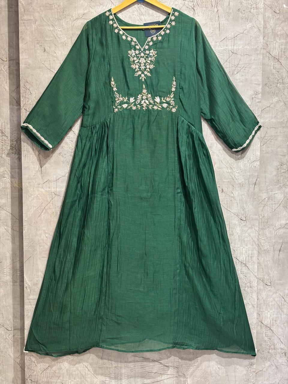 Bottle Green Mul Chanderi silk Kurtha 765 with Handwork Embroidery