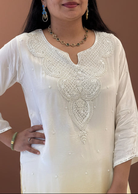White nd Yellow Chinnon Hand Embroidery Cord Set Kurtha 487