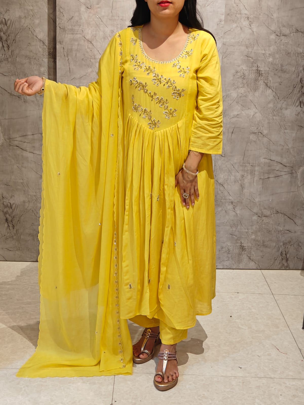 Yellow Mul Chanderi hand embroidery Airline Kurtha 623