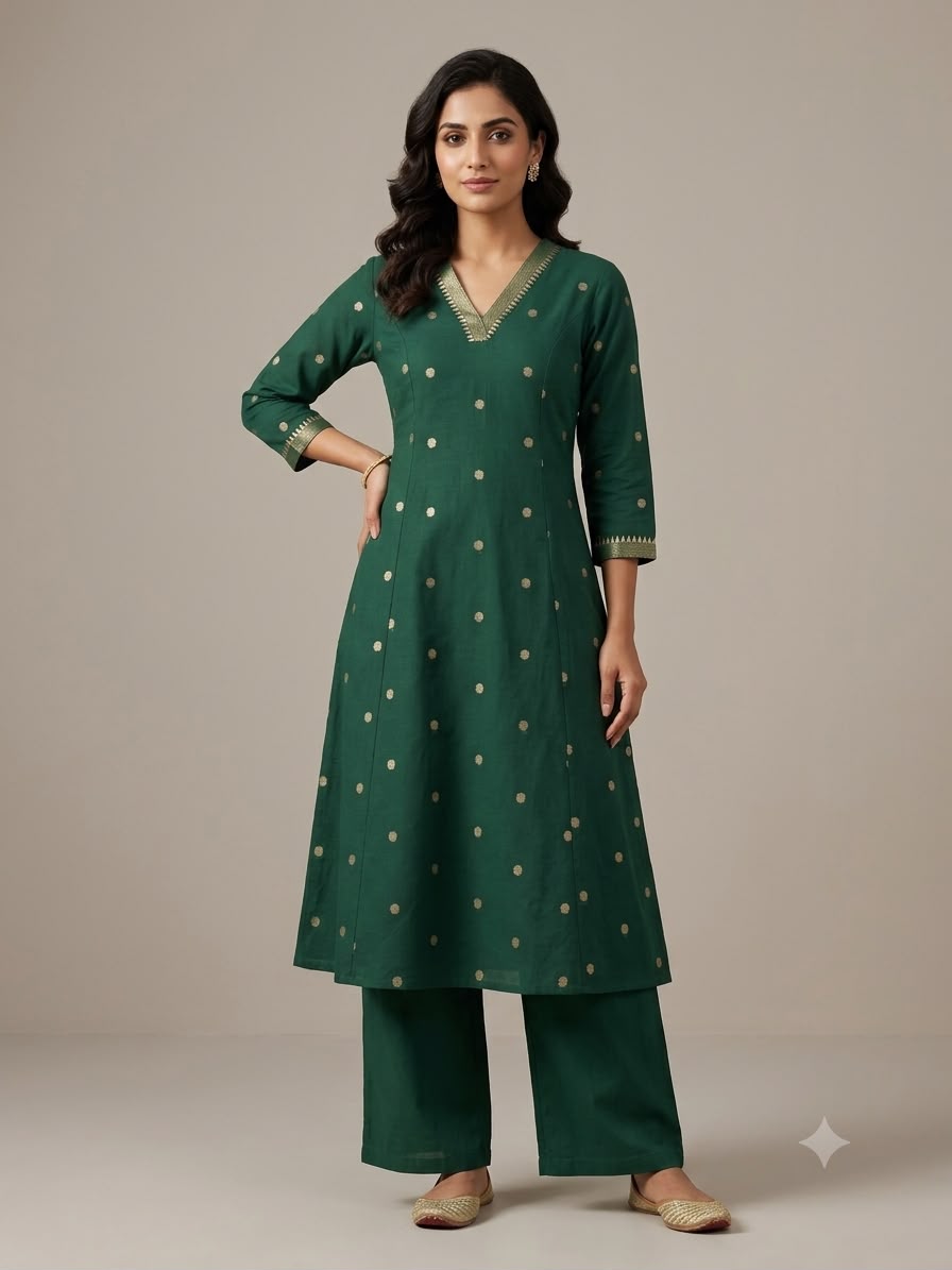 Bottle Green Pure Cotton A Line Cord Set Kurtha 721