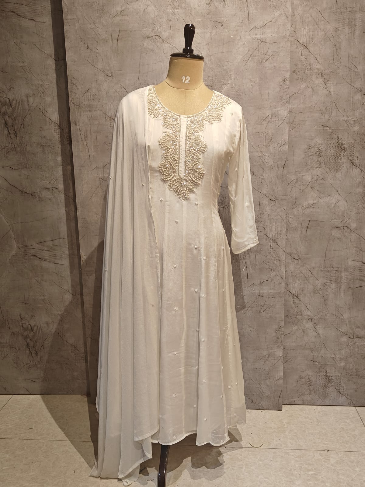 White Anarkali Chinnon Handwork Partyware Kurtha 567