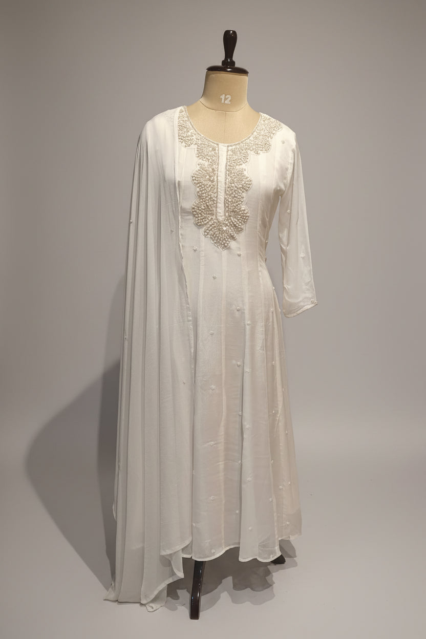 White Anarkali Chinnon Handwork Partyware Kurtha 567