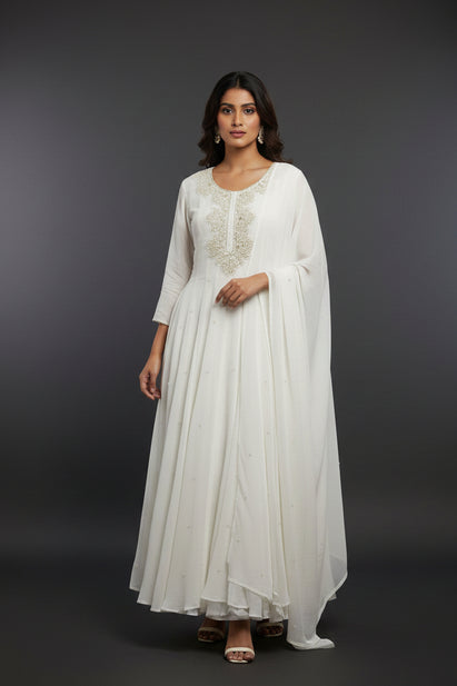White Anarkali Chinnon Handwork Partyware Kurtha 567